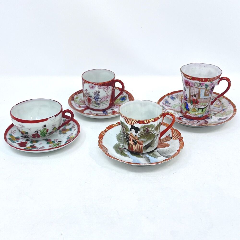 Vtg Japanese Geisha Girl Porcelain Demitasse Cup Saucer Set Lot Mismatched READ